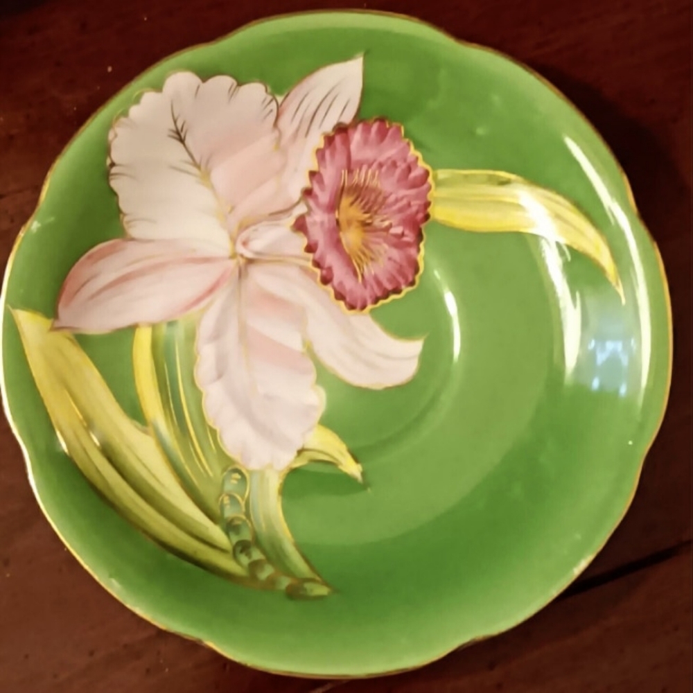 Occupied Japan Hand Painted Pink and Green Saucer Plate Elephant Backstamp